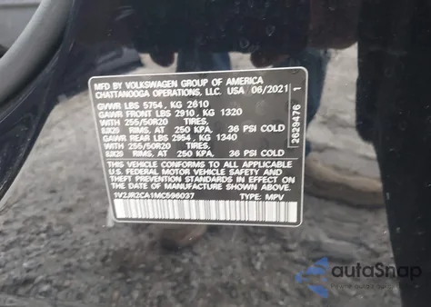 2021 Volkswagen Atlas 3.6L V6 Se W/Technology from USA, damaged, VIN 1V2JR2CA1MC596037